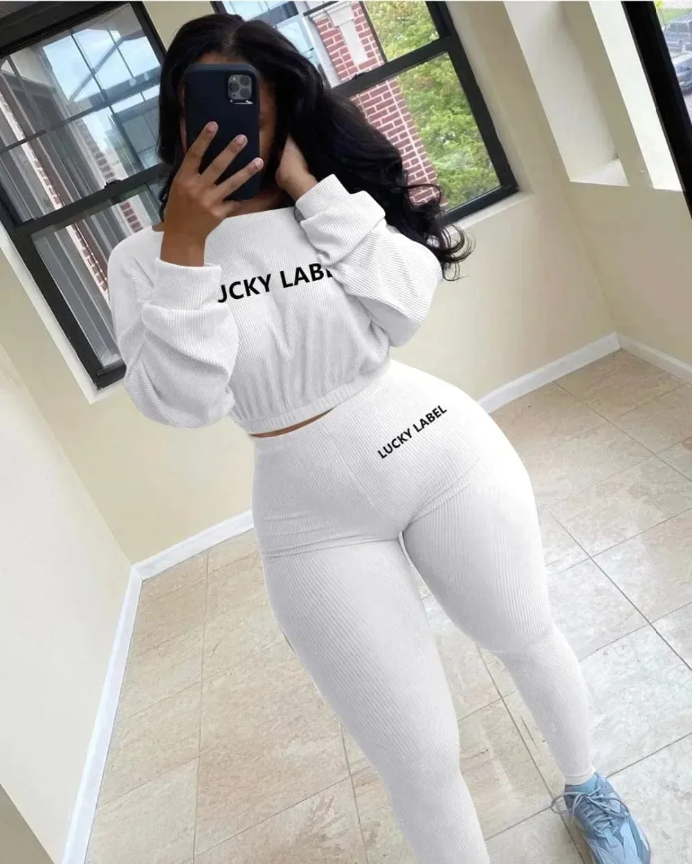 Women Solid Lucky Label Letter Embroidery Two Piece Tracksuits