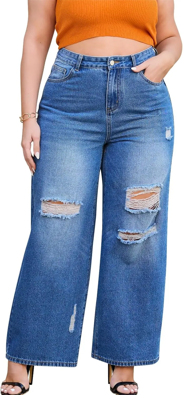 Women's Wide Leg Jeans with High Waist Distressed Ripped Jeans Straight Leg Denim Pants Standard