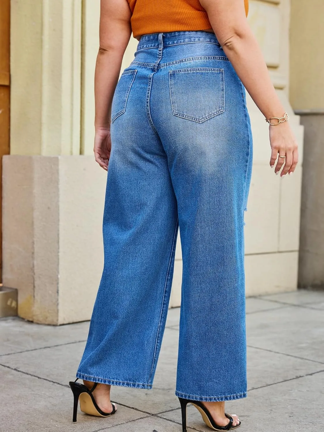 Women's Wide Leg Jeans with High Waist Distressed Ripped Jeans Straight Leg Denim Pants Standard