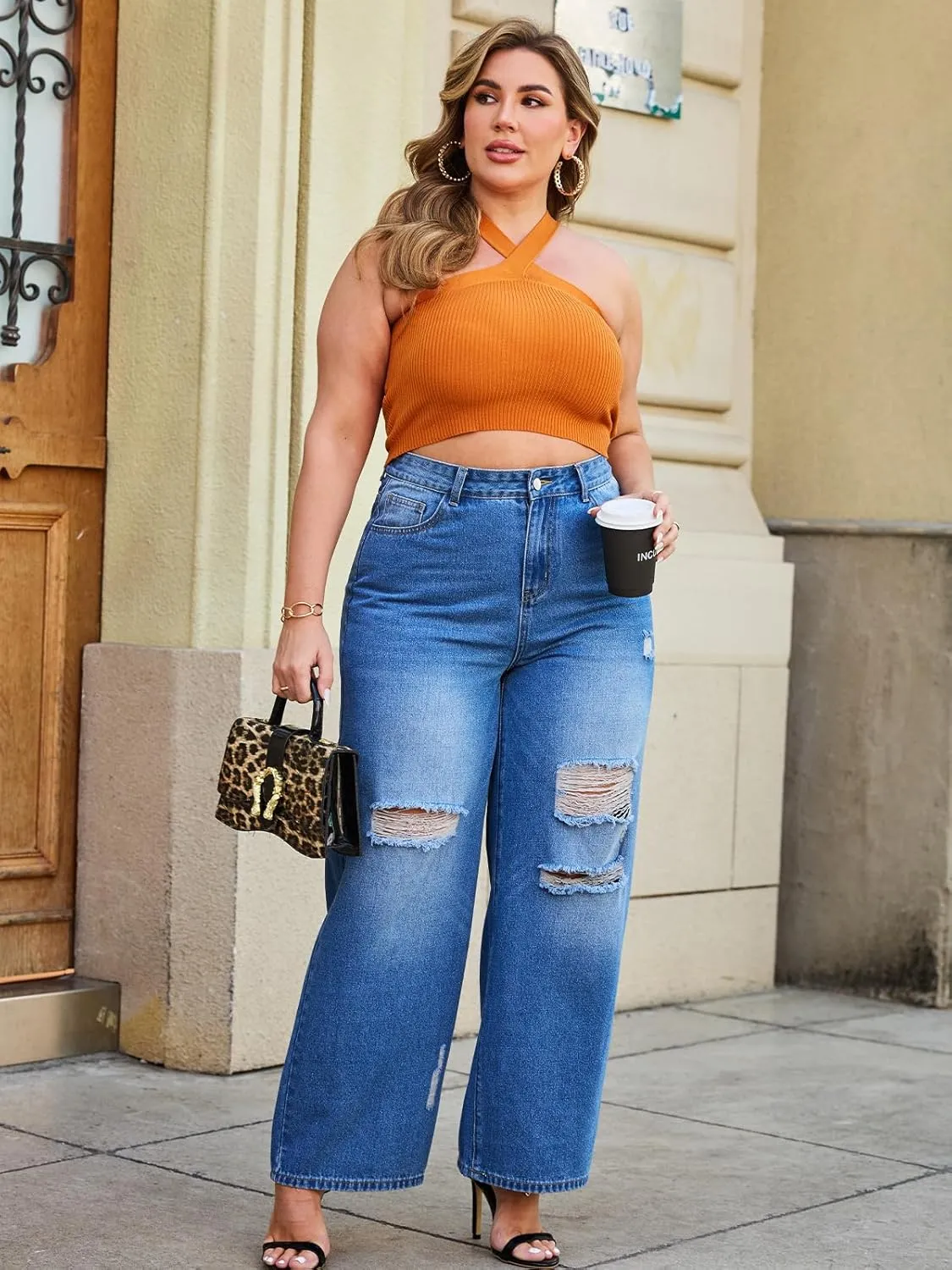 Women's Wide Leg Jeans with High Waist Distressed Ripped Jeans Straight Leg Denim Pants Standard